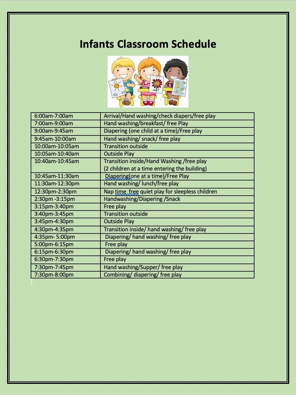 Preschool Daily Activity Calendar